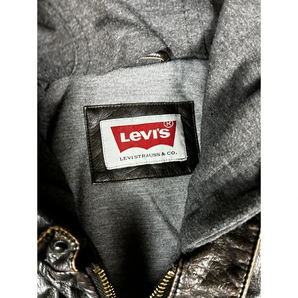 Levis Leather Jacket Mens Size XL Black Solid Hooded Full Zip Collared Polyester